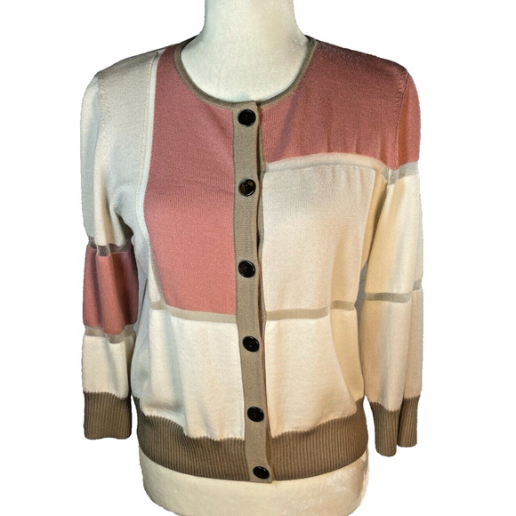 ST JOHN Womens Small Cardigan Tan Pink Color Block Stripe Lightweight Wool Blend - Picture 1 of 12